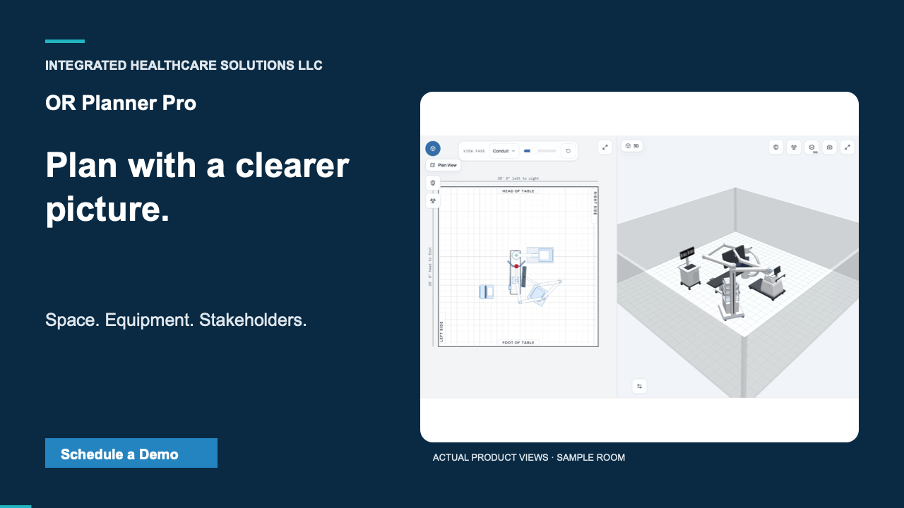 OR Planner Pro sample operating room shown in plan and 3D views, with equipment positioned in the proposed space.