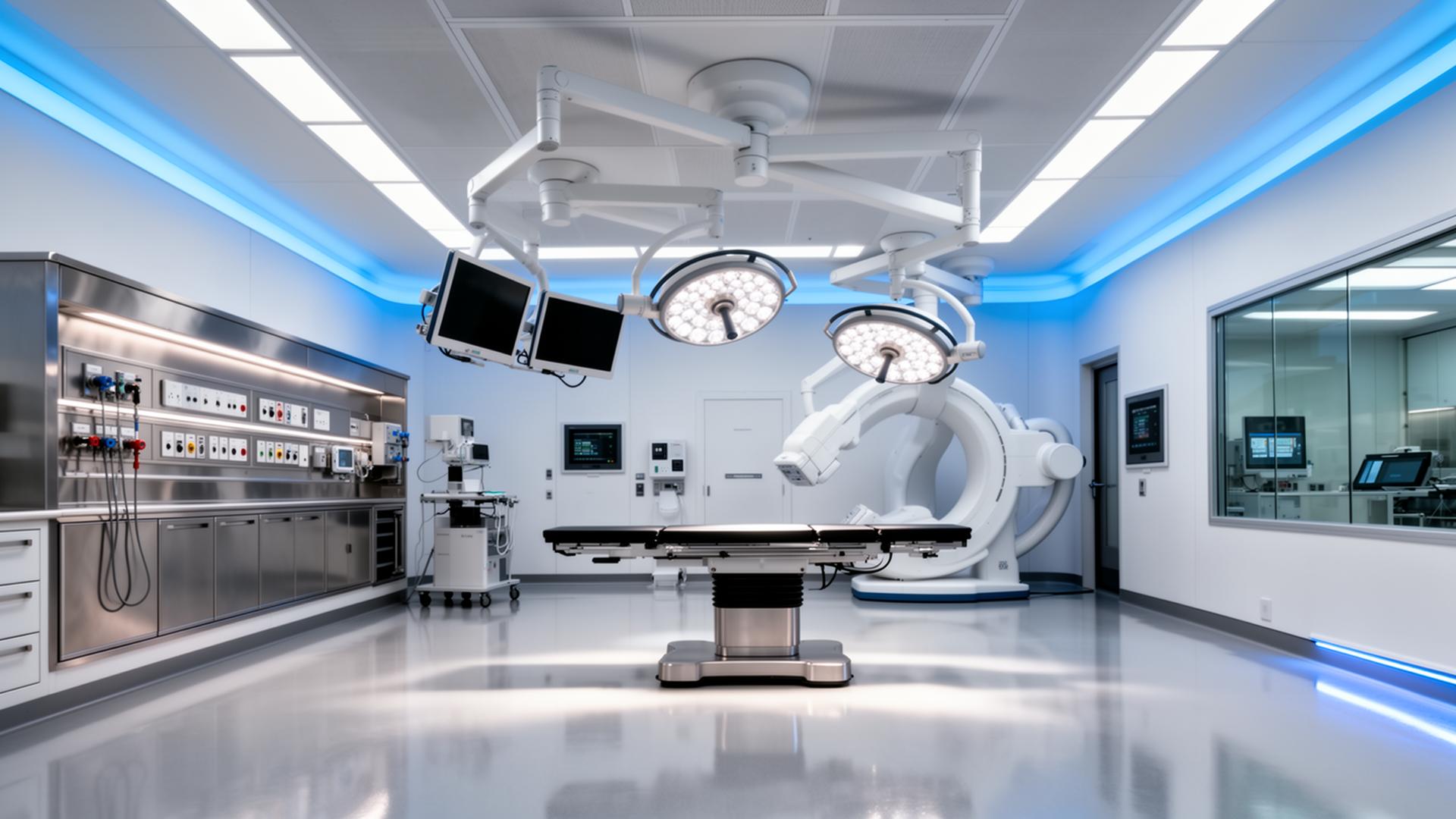Modern hybrid operating room with integrated equipment booms and surgical lights